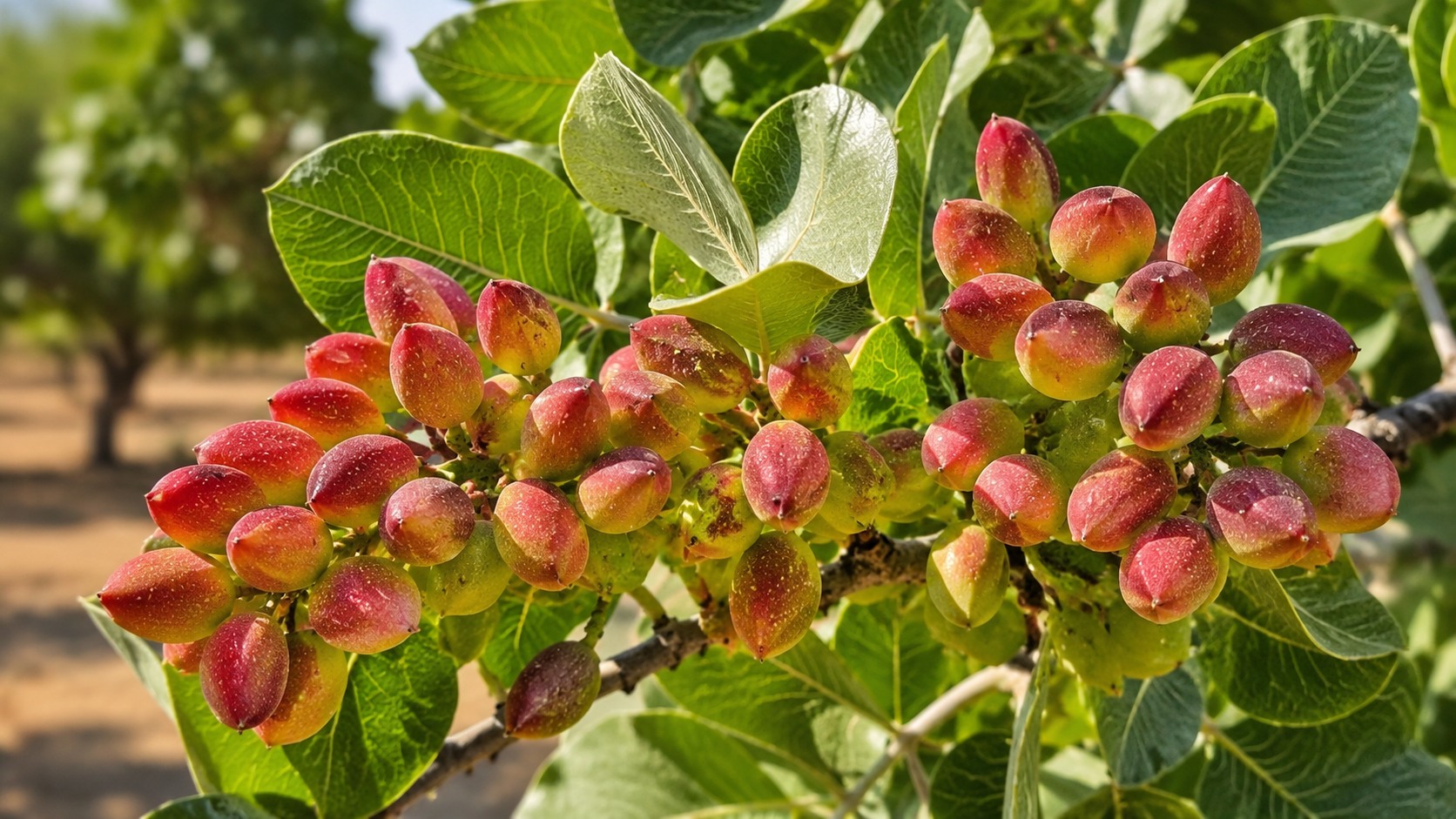 Racimos de pistacho Kerman en maduración en una plantación